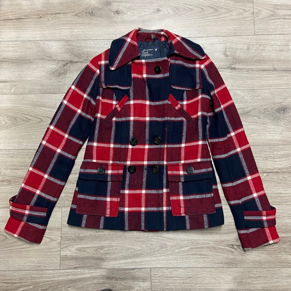 Vtg American Eagle Red Blue Plaid Women’s XS Wool Flannel Pocket Pea Coat
